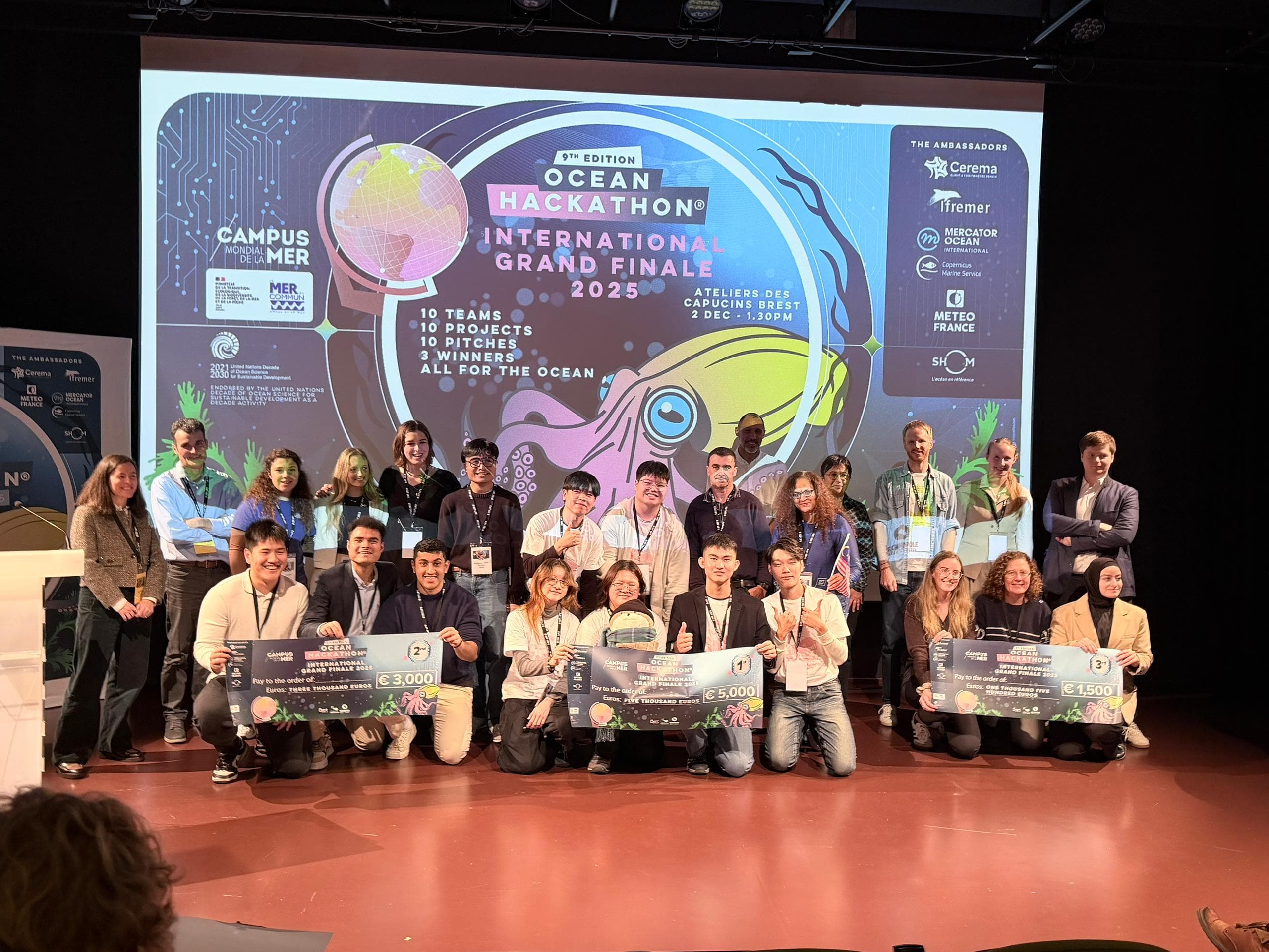 Ocean Hackathon International Grand Finale winners on stage in Brest, France.