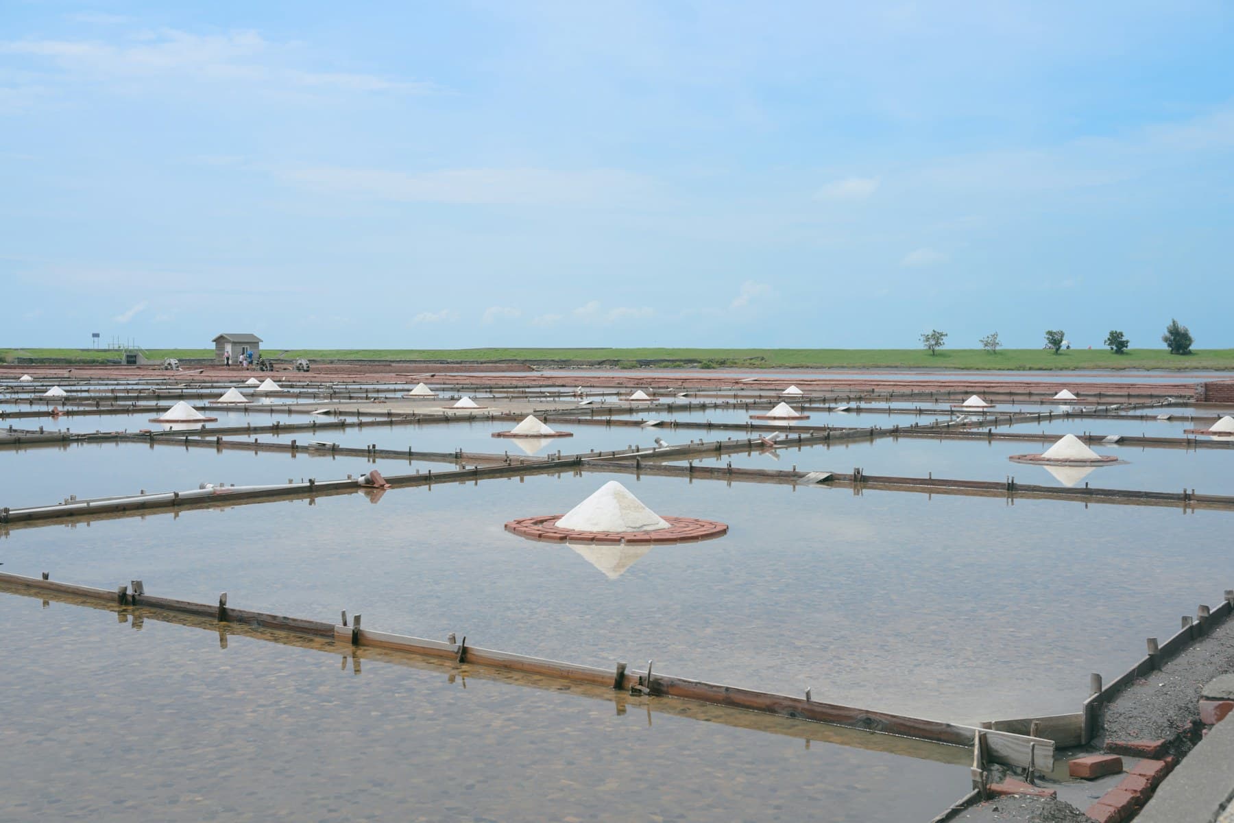 Managed shrimp aquaculture ponds under a clear sky